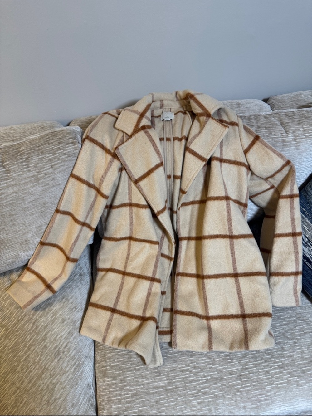 Joie Cream Plaid Pea Coat with Brown Windowpane